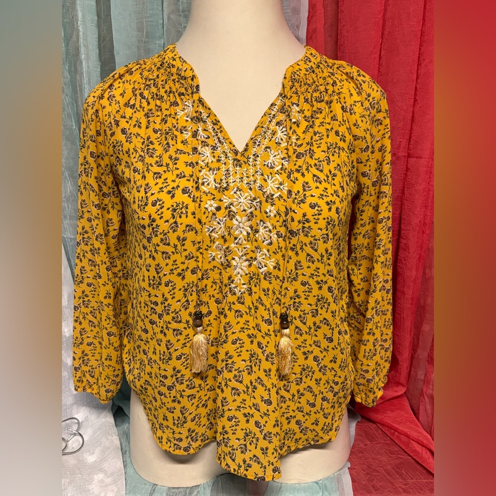 Embellished Yellow 3/4 Sleeve Blouse with Mandarin Collar